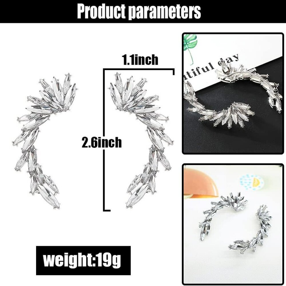 Crystal Leaf Climbers Crawler Jewelry Jacket Earrings Sparkly Zircon Pave Metal - Picture 3 of 7